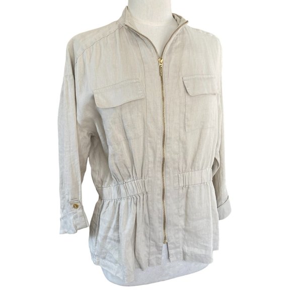 Ellen Tracy 100% Linen Jacket Oatmeal Tan Coastal Grandma Beach Cinch Resort-PL - Picture 1 of 16